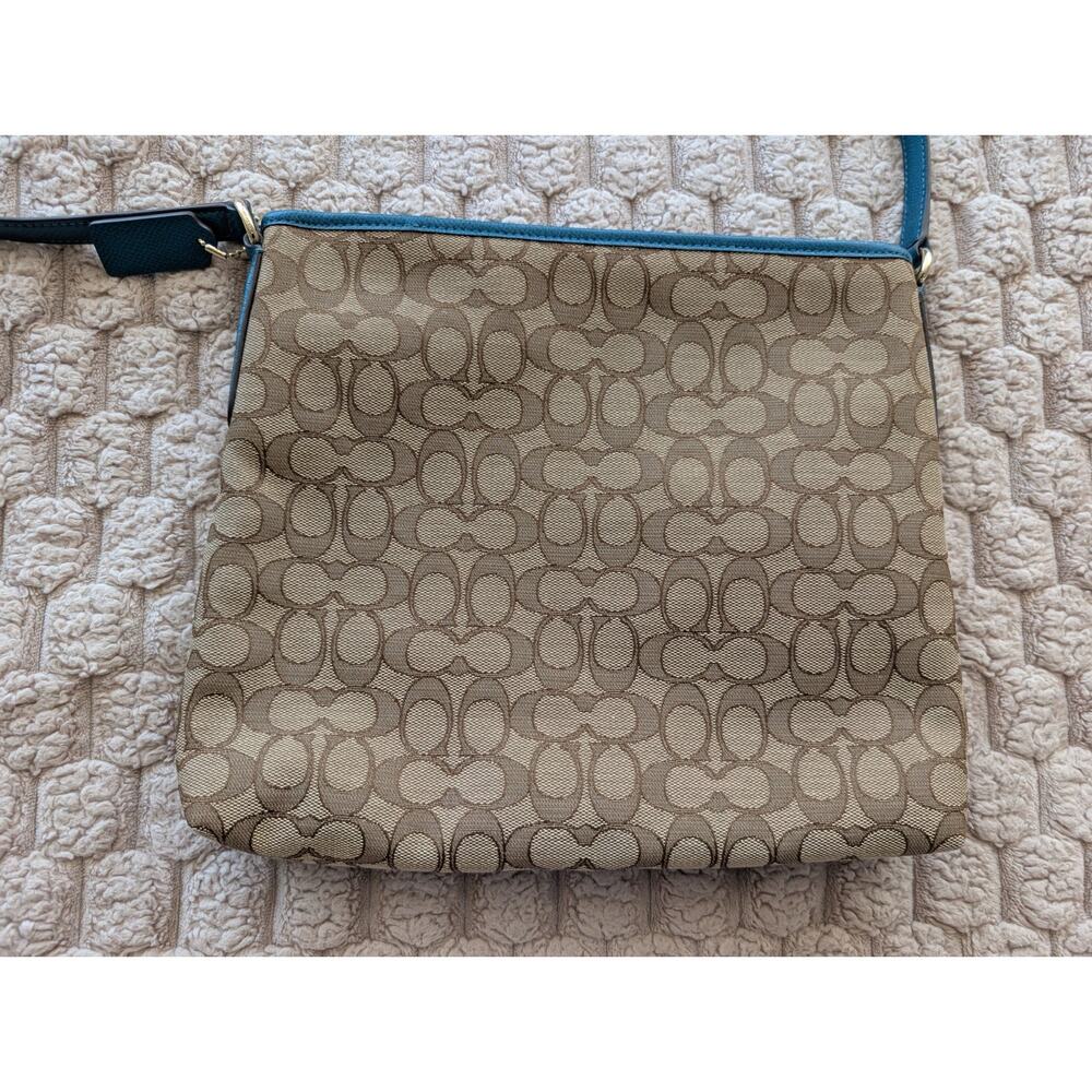 Coach File Crossbody Bag Signature Canvas Purse Brown Teal Adjustable Strap - Picture 5 of 10